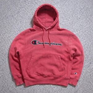 Champion Reverse Weave Hoodie Mens Small Red Sun Faded Pullover Sweatshirt